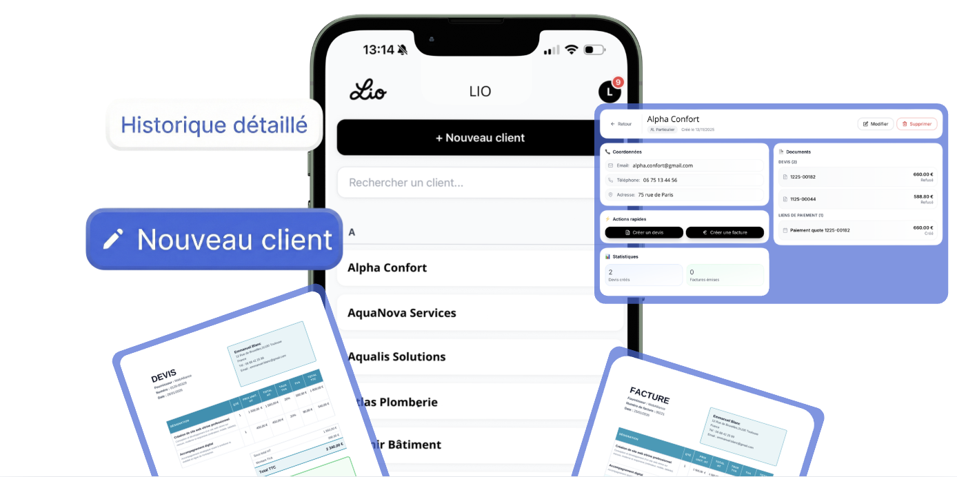 Interface d'historique détaillé des clients Lio