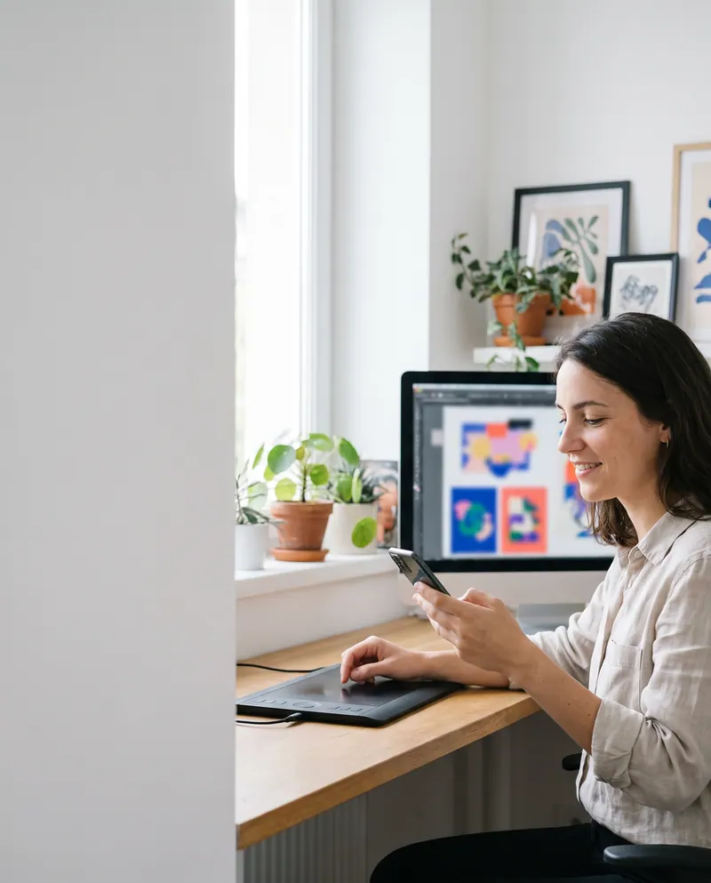 Graphiste à son bureau, smartphone en main