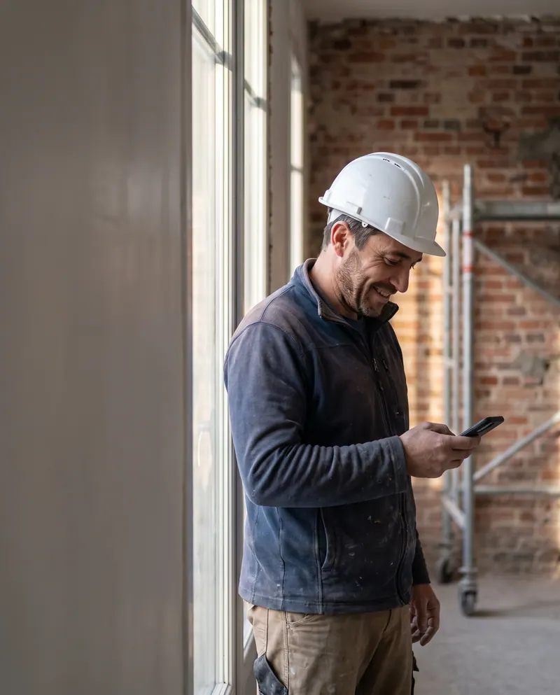 Maçon en casque de chantier qui consulte son smartphone