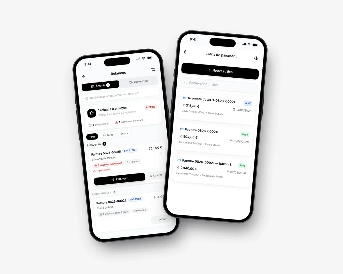 Relances programmées et liens de paiement Lio sur deux téléphones