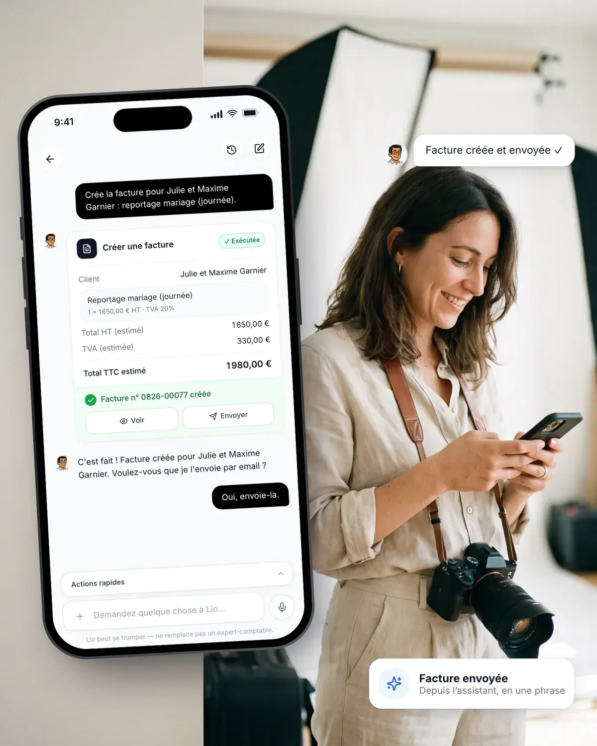 Photographe validant une facture préparée par l'assistant IA de Lio : « Voulez-vous que je l'envoie par email ? »