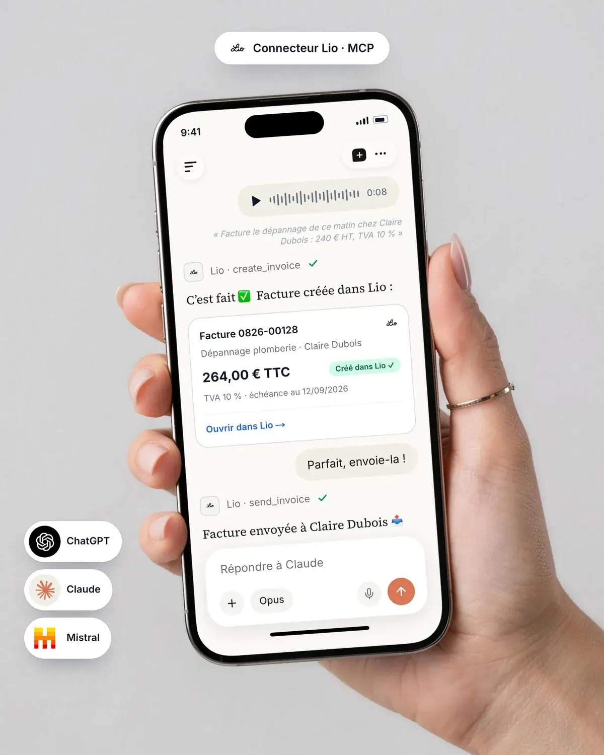 Facture créée dans Lio depuis une conversation Claude, via le connecteur MCP, compatible ChatGPT et Mistral
